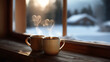© Kateryna - Two rustic coffee mugs positioned on wooden windowsill with artistic heart shaped steam rising naturally creating romantic symbolism morning beverage for couple cozy intimate mom