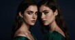 © utaem2022 - Female twins posing wearing green dresses and emerald earrings