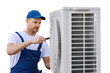 © ronstik - technician working on air conditioning or heat pump outdoor unit. HVAC service, maintenance and repair. isolated on white or transparent background
