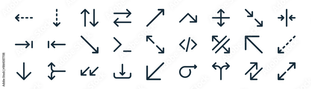 linear arrows icon pack. vector thin line icons collection such as diagonal arrows, down arrow, up down, bottom right, coding, bottom left, bottom left, diagonal arrows