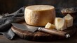 © JoaoNalio - Whole wheel of aged cheese with cut pieces and knife on rustic wooden board