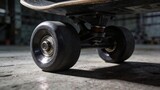A close-up low angle shot of a skateboard on a concrete floor in a dark industrial warehouse setting showing the wheels and trucks.