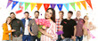 © New Africa - Birthday girl holding flowers among her family and friends on white background. Surprise party with confetti and bunting flags