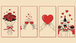 © tr - Four minimalist illustrations depicting romantic themes for Valentine's Day, including a bouquet of red roses, a wine toast, hands holding a heart, and a romantic dinner setting.