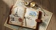 © WOW - Travel Journal with Map, Compass, and Vignettes on Wooden Table