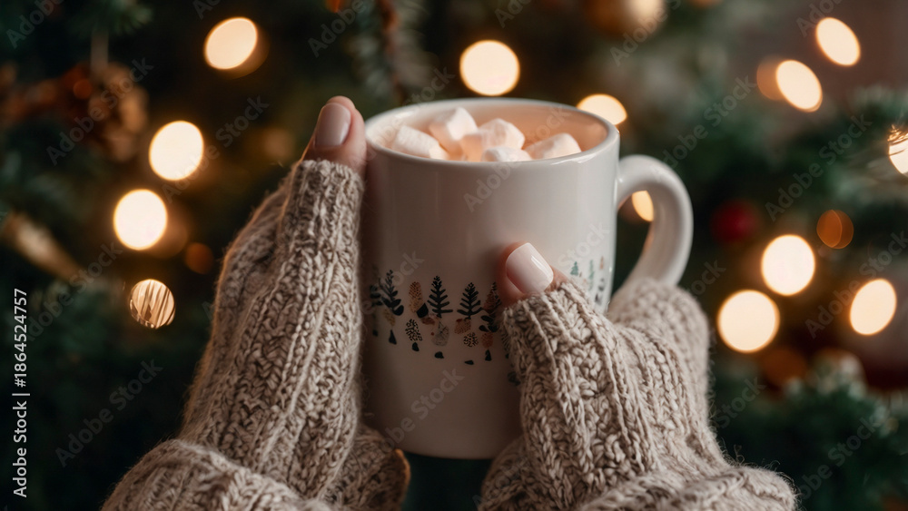 Hands in Knitted Mittens Holding Hot Chocolate Mug with Marshmallows, Cozy Christmas Tree Bokeh Background with Warm Lights