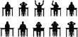© Ponkaj Creatives - Student classroom silhouette set, people sitting at desks with different emotions gestures, education concept, black vector icons isolated