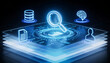 © Art_spiral - cinematic digital illustration of a glowing magnifying glass on a futuristic data platform with icons for artificial intelligence brain database documents and user profile