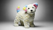 © SooB - 단색 배경 앞에 서 있는 꽃으로 만든 강아지 전신, 흰 꽃으로 이루어진 몸과 파스텔 톤 꽃이 포인트로 들어간 귀와 꼬리, 조형적인 구도, 미니멀한 아트 콘셉트