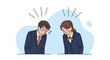 © John - Male and female students in school uniforms bowing their heads with sweat drops and wavy lines indicating stress or an apology.