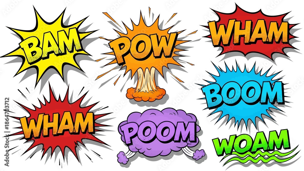 Dynamic comic book sound effect bursts BAM POW WHAM BOOM POOM WOAM ...