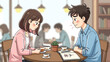 © Jjjj - A cartoon illustration of a young couple on a date at a cozy cafe with a plant