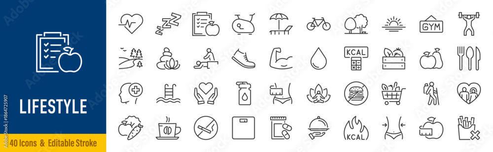 Lifestyle web icon set in line style. Healthcare, healthy lifestyle, health, diet, healthy food, exercise, sleep, collection. Editable stroke. Vector illustration.