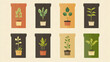© Elena - Illustration of assorted potted plants in a grid layout for gardening and plant care themes with copy space