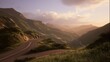 © Sergey - mountain road with sharp curves winding through hills, sunset golden hour, glowing sky, rich greenery, peaceful yet adventurous mood, cinematic