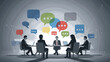 © Herpinta - Dynamic business professionals engage in a collaborative meeting, fostering open communication and exchanging innovative ideas, visualized through vibrant speech bubbles