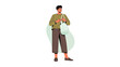 © Arda - Young man using smartphone with casual attire and tote bag standing against a white background