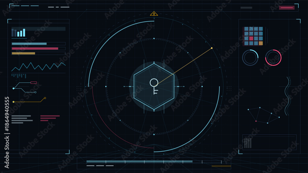 Digital interface displays data readings and metrics for an unknown system while highlighted elements point to specific values and warnings