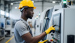 © InfinityVisuals - Precision Operator: An engineer, immersed in concentration, interacts with intricate machinery controls in a modern factory setting.