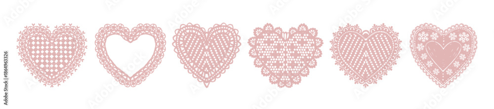 Elegant lace hearts, hand drawn romantic delicate frame set, retro doodle Valentine day design print. Wedding invitation greeting background, holiday soft napkin shapes. Lace hearts February border