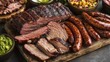 © PStyle - A wooden platter with sliced smoked brisket, sausages, ribs, and assorted side dishes, showcasing a classic barbecue meal.