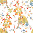 © Zenina-Lembrik - Whimsical Slavic mythology seamless pattern featuring the Alkonost, a legendary bird with a human face from Russian folklore. Vintage fairytale illustration with ornate branches and floral motifs