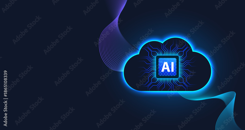 Glowing AI cloud icon with digital circuit lines on a dark background ...