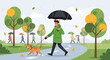 © basar - Man and Dog Walking in the Rain with Umbrella in Park.