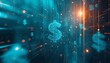 © Waqas - A futuristic digital illustration of a glowing dollar sign surrounded by vibrant blue and orange lights and symbols.