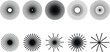© siddique - Collection of abstract radial sunburst and halftone circular shapes in black and white. Geometric dotted and linear designs ideal for backgrounds, logos, posters, branding and modern graphic projects.