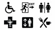 © Syahrul Zulmi - Collection of universal safety and information signs including accessibility, exit, restrooms, medical, elevator, and dining symbols