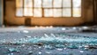 © AmStock - Sharp fragments of broken glass lie scattered on a dusty floor in an abandoned building with blurred windows in the background