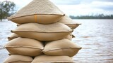 Stacked sandbags form a protective barrier against rising water in preparation for a flood emergency