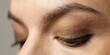 © Point of view - macro photo close up eyeshadow with golden colored make up – Beauty Routine, Professional Eye Makeup, Skincare and Cosmetics Close-Up Concept