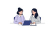 © Savira - Two women working together on a laptop, collaboration, modern office illustration