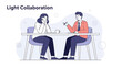 © Tivani - Two people collaborating and discussing ideas at a table, modern flat illustration