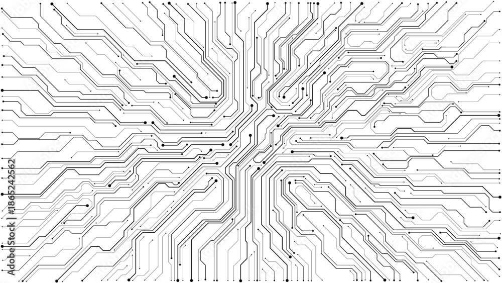 Digital circuit board background showcasing white electronic patterns. Vector tech design with semiconductor lines, motherboard elements, and modern circuitry composition. Digital vector illustration