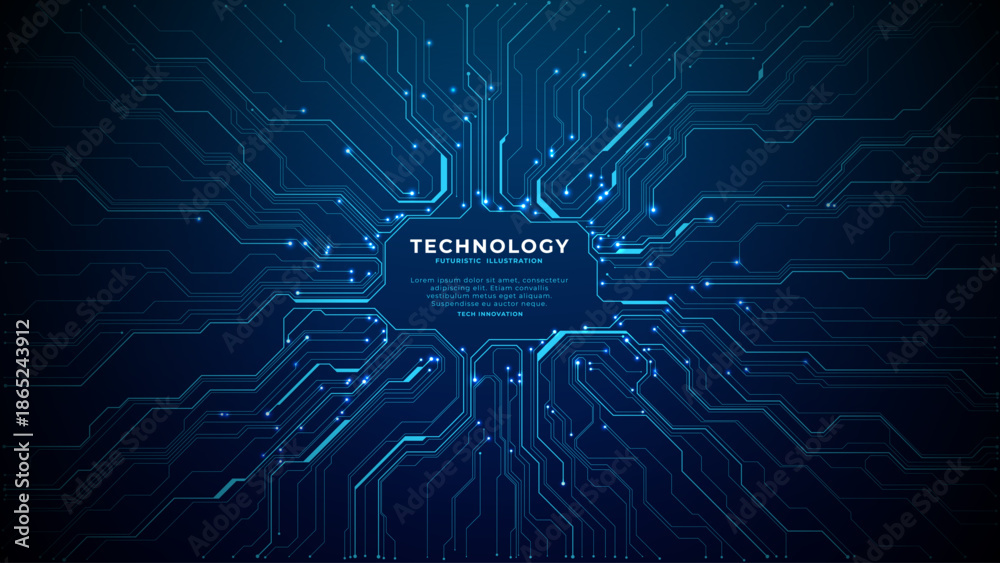 Blue circuit board design with electronic chip components and data ...