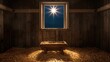 © The 2R Artificiality - Old barn interior with an empty manger and a window displaying the Christmas star, suitable for holiday-themed backgrounds