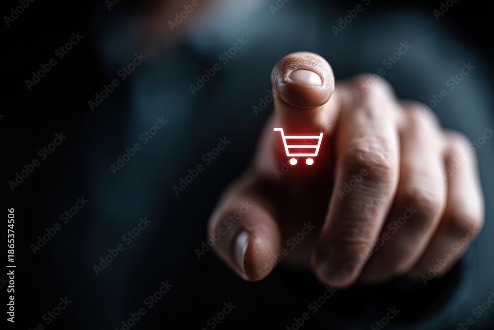 Hand touches glowing red shopping cart icon on a digital warning screen