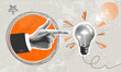 © mitay20 - Trendy Halftone Collage with hand gesture point near light bulb on grey background. Concept of creative idea, business solution, creative mind or brainstorm. Contemporary vector illustration