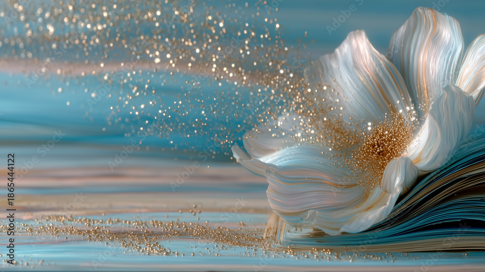 Fantasy open book with glowing flowers and floating golden particles, representing magic, imagination and the mystical power of stories and knowledge.