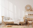 © artjafara - Poster frame mockup in beautiful nursery with rattan furniture, Scandi-Boho children room interior, 3d render