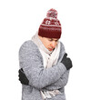 © Kyrylo - Freezing young man in winter hat and scarf hugging himself to warm up, isolated on white background. High quality photo