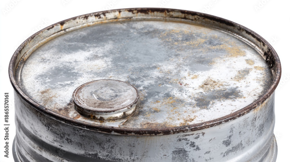 Top view a worn metal drum, aged and weathered with rust and ...