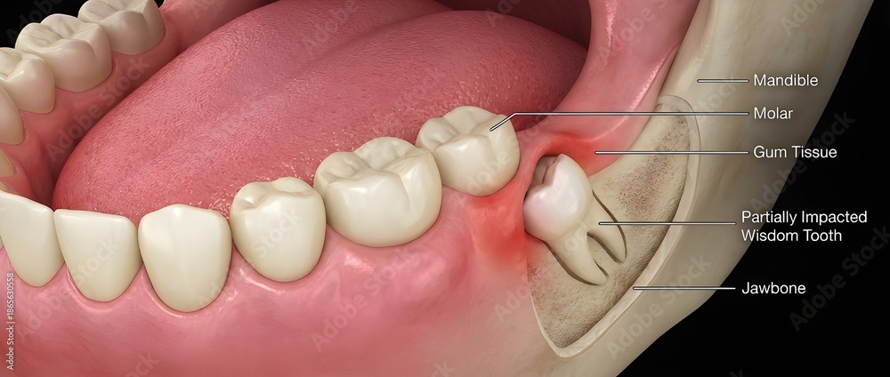 Labeled Medical Illustration of Partially Impacted Wisdom Tooth in ...