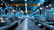 © Secrets inside - Automated robotic arms operate on a high-tech assembly line in a modern industrial factory with blue lighting and digital monitors in the background