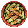 © heed - Sliced cucumbers with seeds and chili flakes in a red bowl isolated on a transparent background