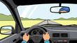 © Enative - POV of a driver holding a steering wheel, looking at a road ahead, with fields and hills