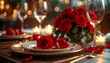 © momostudio - A romantic valentine dinner setup with red roses on a plate in a candlelit room